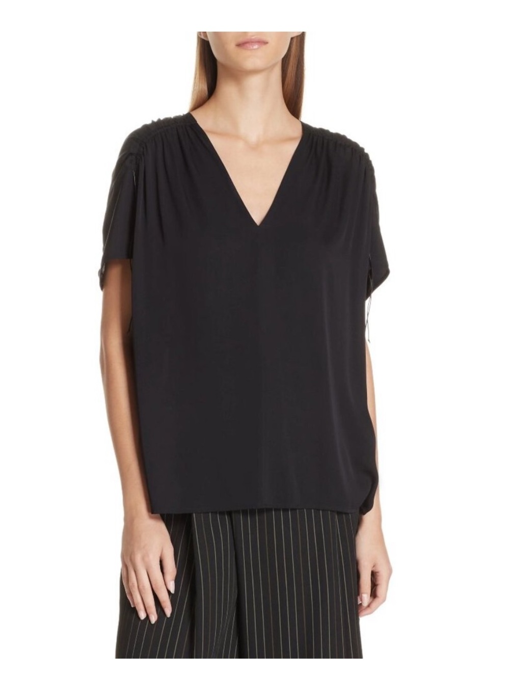 Vince Black Stretch-Silk Gathered Cap-Sleeve Blouse, size M